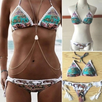 Sexy Lace Spliced Floral Print Halter Bikini Set
