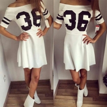 Sexy Slash Neck Short Sleeve Numbers Printed Dress