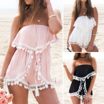 Sexy Strapless Lace Spliced Gathered Waist Rompers