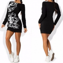 Fashion Long Sleeve Round Neck Slim Fit Printed T-shirt Dress