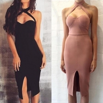 Sexy Backless Slit Hem Slim Fit Halter Dress