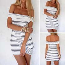 Sexy Off-shoulder Slash Neck Irregular Hem Slim Fit Striped Dress