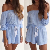 Sexy Slash Neck Long Sleeve Gathered Waist Rompers