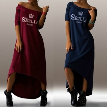 Sexy Slash Neck Short Sleeve High-low Hem Letters Printed Maxi Dress