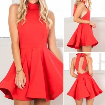 Sexy Backless Off-shoulder High Waist Bowknot Halter Dress