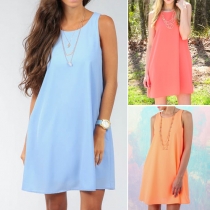 Fashion Solid Color Sleeveless Round Neck Chiffon Dress