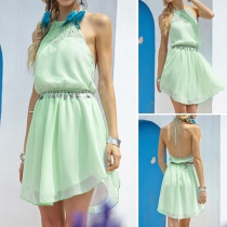 Fashion Lace Spliced Gathered Waist Solid Color Chiffon Dress