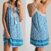 Sexy Backless Lace Spliced Printed Sling Dress