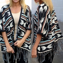 Bohemian Style Half Sleeve Tassel Hem Printed Chiffon Cardigan
