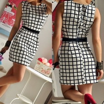 Fashion Sleeveless Round Neck Slim Fit Plaid Dress