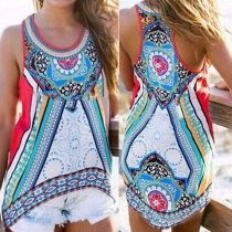 Fashion Round Neck High-low Hem Printed Tank Tops