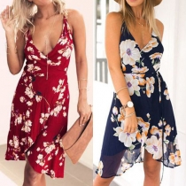 Sexy Backless Deep V-neck Slit Hem Printed Dress