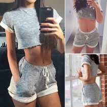 Fashion Short Sleeve Crop Tops + Elastic Waist Shorts Sports Suit