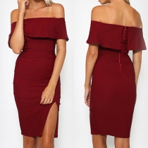 Sexy Slash Neck Slit Hem Solid Color Slim Fit Party Dress