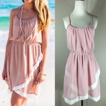 Fashion Irregular Hem Gathered Waist Sling Chiffon Dress