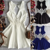 Sexy Backless Deep V-neck Lace Spliced High Waist Sleeveless Dress