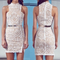 Fashion Sleeveless Mock Neck Slim Fit Lace Dress