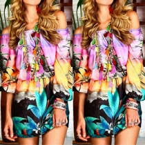 Sexy Of-shoulder Slash Neck Long Sleeve Printed Dress