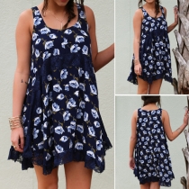 Fashion Lace Spliced Hem Sleeveless Round Neck Loose Printed Dress