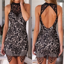 Sexy Backless Irregular Hem Sleeveless Slim Fit Lace Dress
