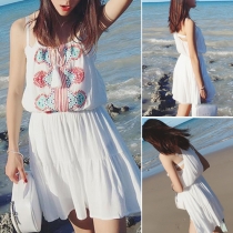 Fashion Gathered Waist Embroidery Sling Dress