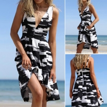 Sexy Backless Deep V-neck Sleeveless Printed Dress