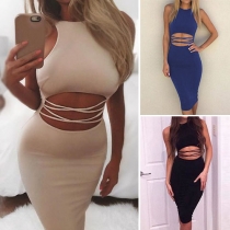 Sexy Hollow Out High Waist Sleeveless Round Neck Sheath Dress