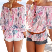 Sexy Slash Neck 3/4 Sleeve Printed Tops