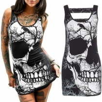 Fashion Skull Head Printed V-ringad ärmlös slitsfållklänning