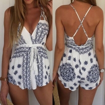 Sexy Backless Deep V-neck Printed Sling Rompers