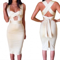 Sexy Backless Slit Hem Solid Color Bandage Dress