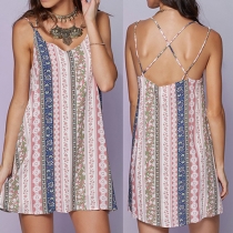 Sexy Backless V-neck Printed Sling Dress