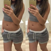 Sports Style Sleeveless Crop Tops + Elastic Waist Shorts Sports Suit