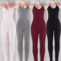 Sexy Backless V-neck Solid Color Slim Fit Sling Jumpsuits