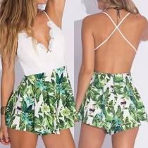 Sexy Backless Deep V-neck Lace Spliced Printed Sling Rompers