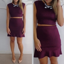 Elegant Solid COlor Sleeveless Crop Tops + High Waist Skirt Two-piece Set