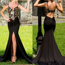Sexy Backless Deep V-neck Slit Hem Floor-length Evening Dress