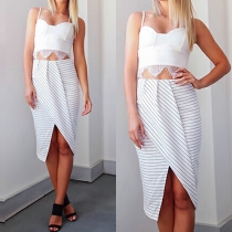 Sexy Lace Spliced Cami Tops+ High Waist Irregular Hem Striped Skirt Two-piece Set
