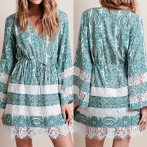 Fashion Lace Spliced Long Sleeve V-neck Printed Dress