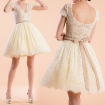 Sexy Backless Deep V-neck Short Sleeve Lace Princess Dress