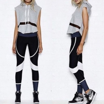 Fashion Contrast Color Sleeveless Hooded Tops + High Waist Pants Sports Suit