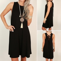 Sexy Hollow Out Lace-up Sleeveless Round Neck Solid Color Loose Dress