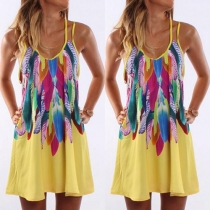 Fashion Feather Printed Sling Dress