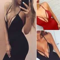Sexy Backless Deep V-neck Solid Color Bandage Dress