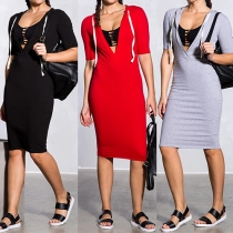Sexy Deep V-neck Half Sleeve Hooded Slim Fit Dress