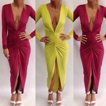 Sexy Deep V-neck Slit Hem Long Sleeve Solid Color Dress