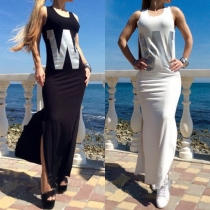 Fashion Letters Printed Sleeveless Round Neck Slit Hem Maxi Dress
