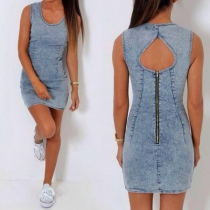 Sexy Backless Sleeveless Round Neck Slim Fit Denim Dress