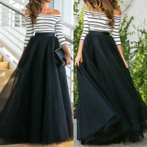 Sexy Slash Neck Long Sleeve Striped Tops + High Waist Gauze Skirt Two-piece Set