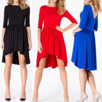 Sexy Backless Half Sleeve Irregular Hem Solid Color Dress